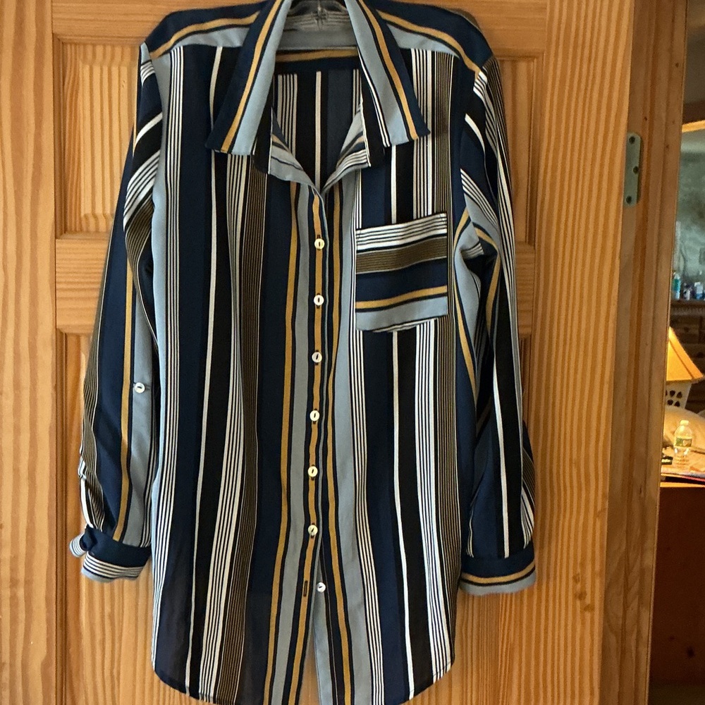 Westport Navy, White & Mustard Striped Button-Down Blouse